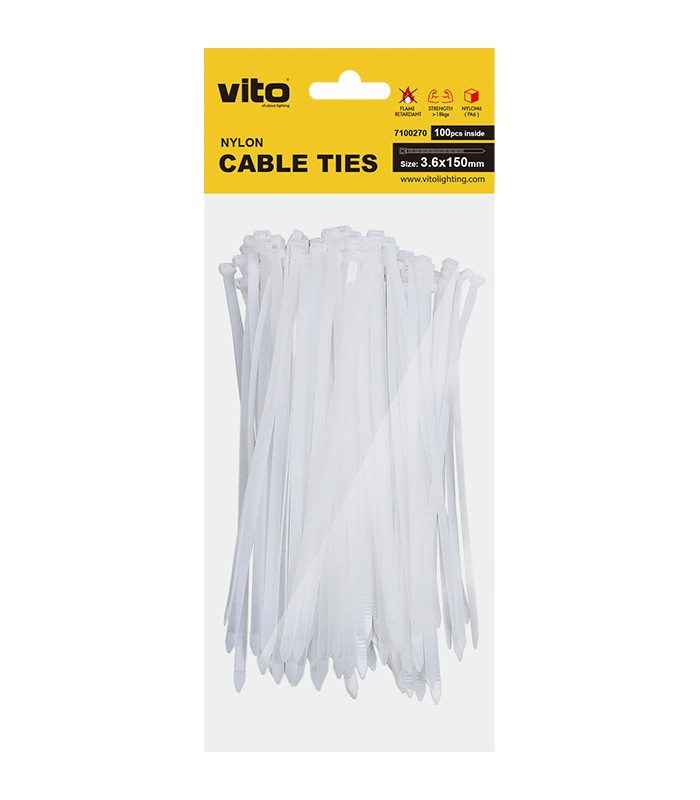PLASTIC CABLE TIE 3.6X150mm WHITE 100 PCS IN BAG 7100270 VITO