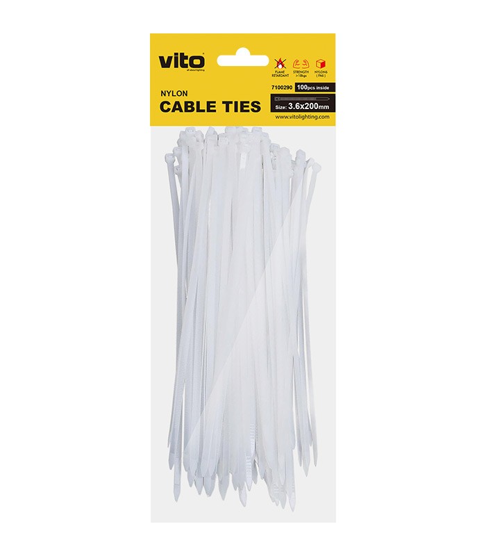 PLASTIC CABLE TIE 3.6X200mm WHITE 100 PCS IN BAG 7100290 VITO