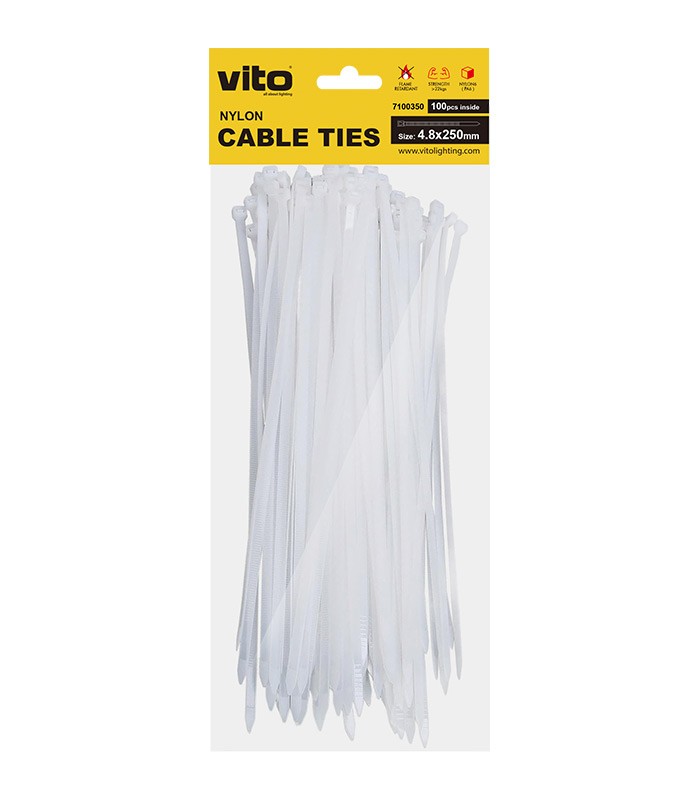 PLASTIC CABLE TIE 4.8X250mm WHITE 100 PCS IN BAG 7100350 VITO