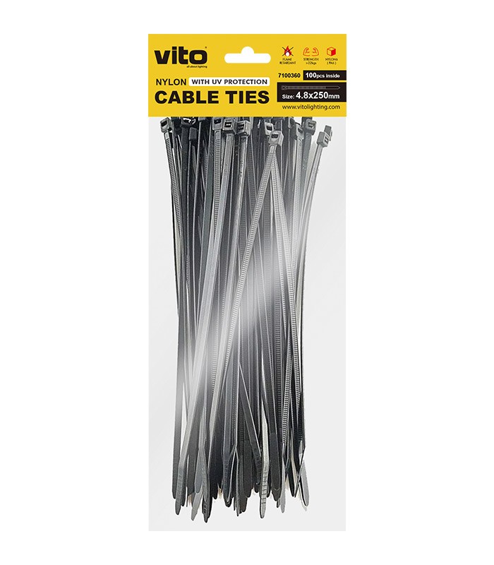 PLASTIC CABLE TIE 4.8X250mm BLACK 100 PCS IN BAG 7100360 VITO