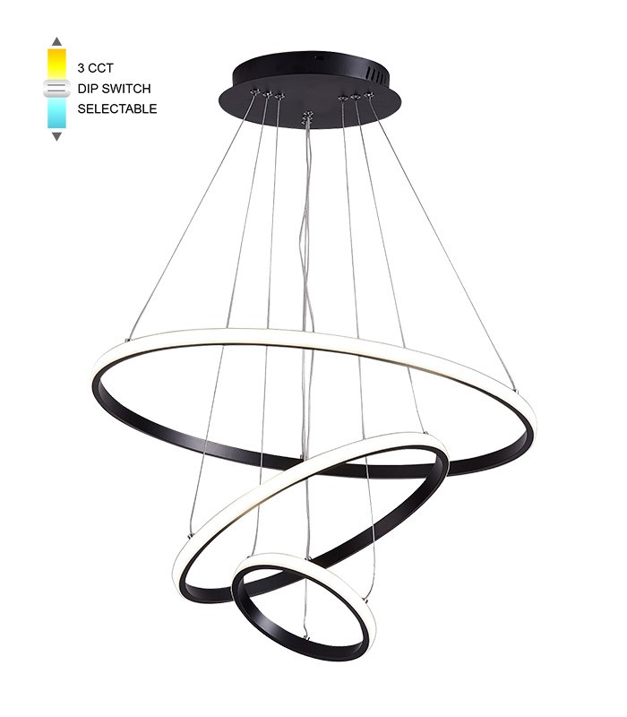 LED PENDANT LIGHTING FIXTURE TRIO-1 φ200+400+600 56W 3xCCT-DIP SWITCH BLACK 2026350 VITO