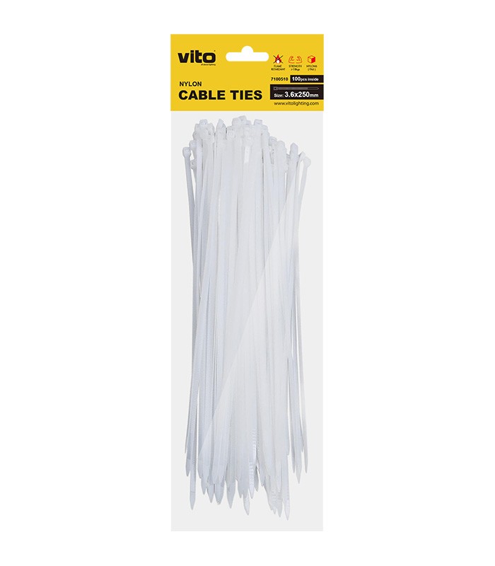 PLASTIC CABLE TIE 3.6X250 WHITE 100PCS 7100510 VITO