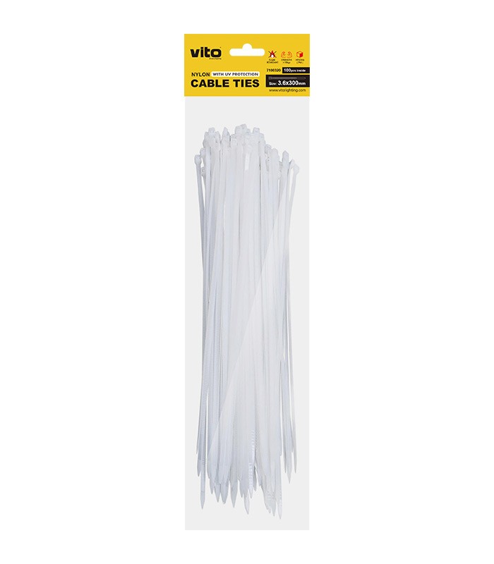 PLASTIC CABLE TIE 3.6X300mm WHITE 100 PCS IN BAG 7100310 VITO
