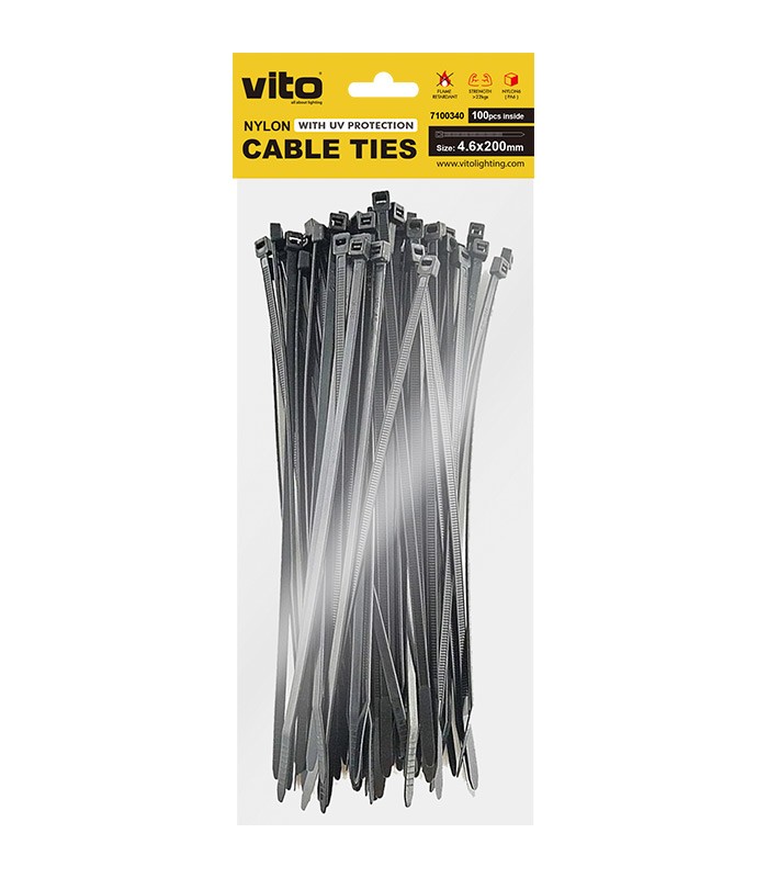 PLASTIC CABLE TIE 4.6X200mm BLACK 100 PCS IN BAG 7100340 VITO