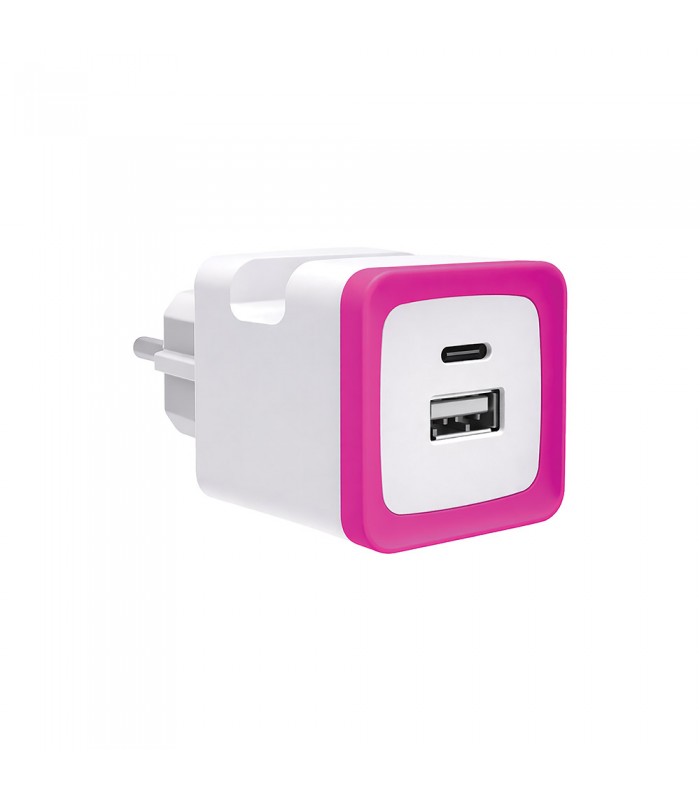 USB ЗАРЯДНО УСТРОЙСТВО PLUGGO TYPE-A+TYPE-C MAX. 20W РОЗОВО КВАДРАТНО 8008070 VITO