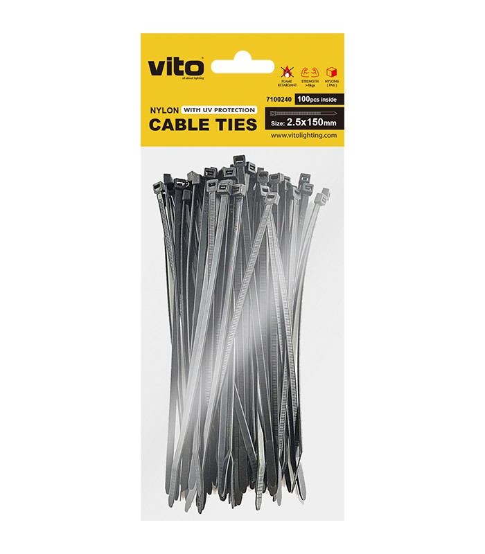 PLASTIC CABLE TIE 2.5X150mm BLACK 100 PCS IN BAG 7100240 VITO