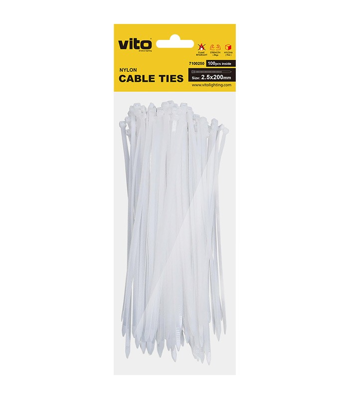 PLASTIC CABLE TIE 2.5X200mm WHITE 100 PCS IN BAG 7100250 VITO