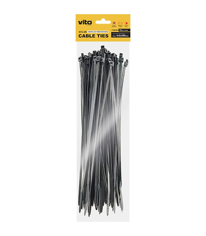 PLASTIC CABLE TIE 4.6X300mm BLACK 50 PCS IN BAG 7100380 VITO