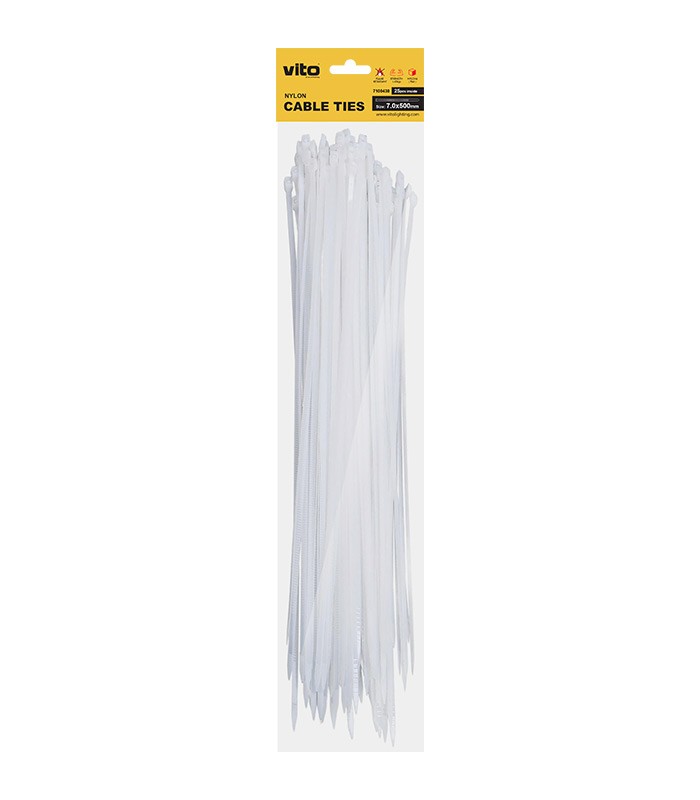 PLASTIC CABLE TIE 7.0X500mm WHITE 25 PCS IN BAG 7100430 VITO